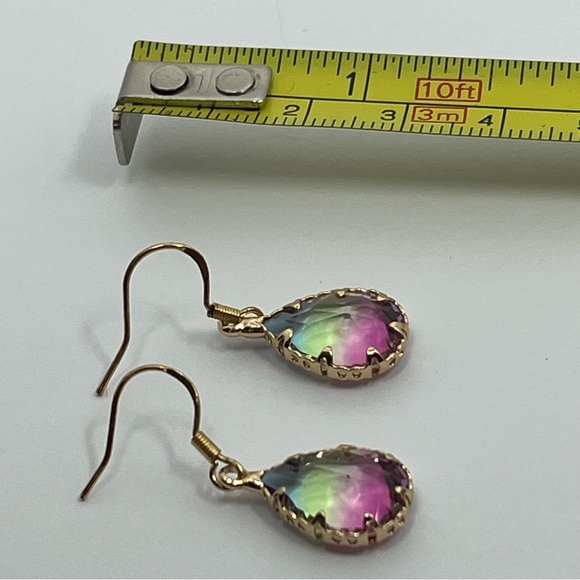 Handmade Pink Green Glass Gold Trim Teardrop with 18k hooks Earrings - Picture 2 of 2